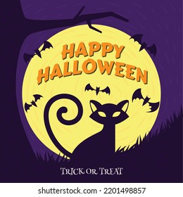 Halloween cat and bat hand drawn flat cartoon background illustration