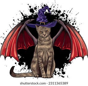 halloween cat with bat wing white background