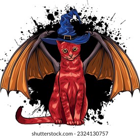 halloween cat with bat wing white background