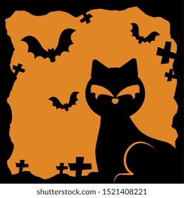 halloween cat with bats flying vector illustration design