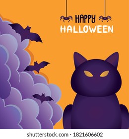 halloween cat black and bats flying scene vector illustration design