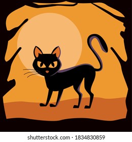 halloween cat black with full moon at night scene vector illustration design