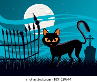 halloween cat black with fullmoon at night scene vector illustration design