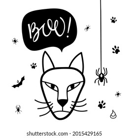 Halloween cat. Boo lettering on speech bubble, witches cat, spiders. Black cat face head silhouette Hand drawn Vector illustration. Happy Halloween poster, greeting card, banner, party decor