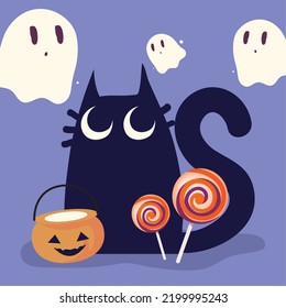 halloween cat and candies with pumpkin