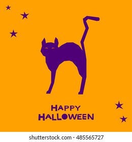 Halloween cat card background. Abstract purple cat isolated on orange halloween cover. 