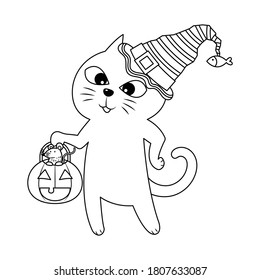 Halloween cat carrying a pumpkin bucket with a mouse in bucket vector illustration cartoon. A kitten wearing halloween hat coloring page. Cute cat vector cartoon isolated on white background. 