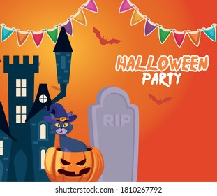 Halloween cat cartoon on pumpkin with grave and house design, Holiday and scary theme Vector illustration