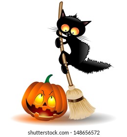Halloween Cat Cartoon on Witch Broom