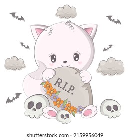 Halloween cat with cartoon skulls. Vector illustration of Halloween animal. Cute little illustration Halloween cat for kids, fairy tales, covers, baby shower, textile t-shirt, baby book.