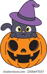 Halloween cat in carved pumpkin vector illustration