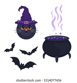 halloween cat cauldron bat witch hat isolated on white