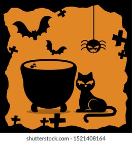 halloween cat with cauldron and icons vector illustration design