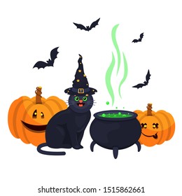 halloween cat cauldron pumpkin bat witch hat ghost isolated on white