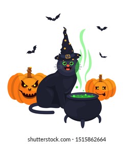 halloween cat cauldron pumpkin bat witch hat ghost isolated on white