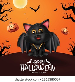 Halloween cat character vector design. Happy halloween greeting text with cute kitten and pumpkins elements in outdoor sunset orange background. Vector illustration party invitation card.