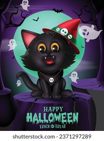 Halloween cat character vector poster design. Happy halloween greeting card with cute friendly black kitten animal character in night scary full moon background. Vector illustration trick or treat 