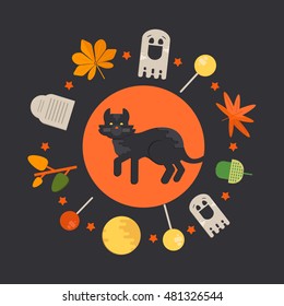 Halloween cat concept in circle shape. Vector illustration with ghost, tombstone, foliage and lollipop. 