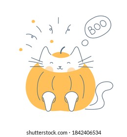 Halloween cat costume, cute cat in the pumpkin saying "Boo". Flat line vector illustration on white.