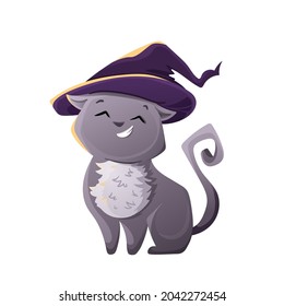 Halloween Cat Costume Party. Cute cat in a witch hat for your design isolated on white background. Vector cartoon illustration in game style