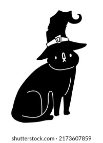 Halloween Cat. Cute adorable halloween black cat in black witch hat. Cat character in cartoon doodle style.