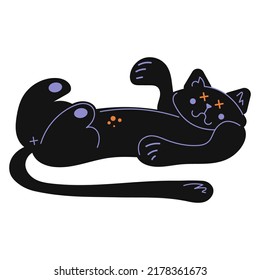 Halloween cat. A cute character of a black cat lies with its belly up and pretends that it has nothing to do with it. Great for stickers, t-shirt prints, decorative embellishments.