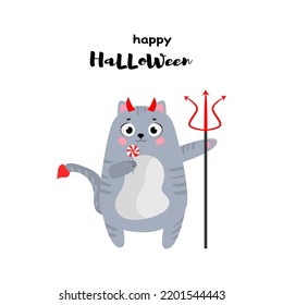 Gato de Halloween. Un gato lindo disfrazado de diablo con un dulce en las manos. Crap. Fiesta de Halloween. Gato con cuernos y horquilla. Ilustración vectorial dibujada a mano. Diseño plano. Idea para postales.