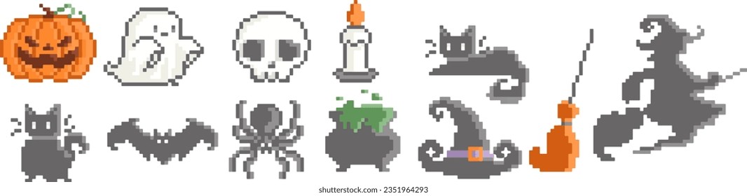 Halloween cat cute ghost skull candle cat broom bat spider poison hat witch pixel cartoon set icon