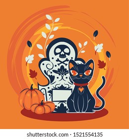 halloween cat disguised character in cemetery vector illustration design
