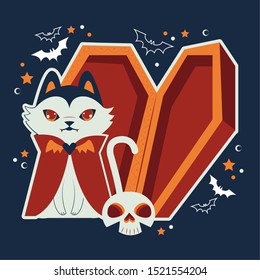 halloween cat disguised of dracula character vector illustration design