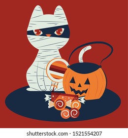 halloween cat disguised of mummy character vector illustration design