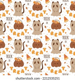 Halloween cat dressed in a ghost costume. Trick or treat halloween seamless pattern. Halloween party. Cute childish illustration texture, fabric, wrapping paper, textile, wallpaper. Vector background.