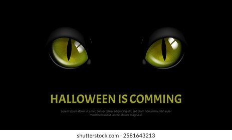 Halloween cat eyes poster. International holiday of fear and horror. Green eyeballs of kitten. Black cat looking. Danger and darkness. Banner or cover. Realistic vector illustration