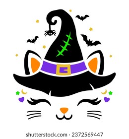 Halloween cat face vector. Cute black cat with hat, web and bats. For cutting and sublimation, invitation, flyer, print for kids. Isolated on white background.