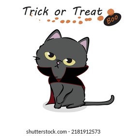 Halloween cat fancy dress costume. Cat dressed as a vampire. Halloween pets. Trick or treat. Boo. Cartoon spooky baby character. Scary print for design. Vector illustration on white background.