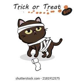 Halloween cat fancy dress costume. Cat dressed as a mummy. Halloween pets. Trick or treat. Boo. Cartoon spooky baby character. Scary print for design. Vector illustration on white background.