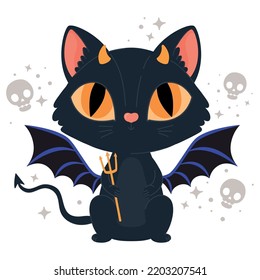halloween cat with fork and bat wings