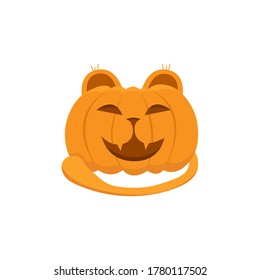 Halloween. A cat in the form of a pumpkin. Vector image for the holiday. Illustration for web, print, postcards.