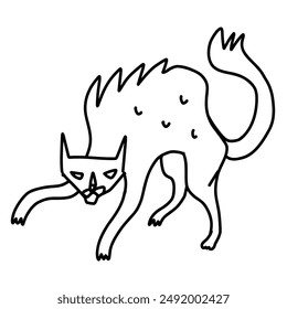 Halloween cat, funny and scary in minimalist simple style. Vector illustration in in doodle outline line art