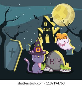 Halloween cat and ghost