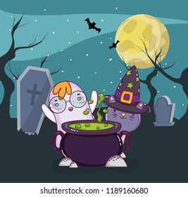 Halloween cat and ghost cartoon