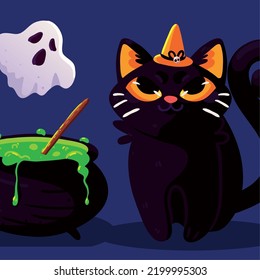 halloween cat ghost and cauldron, design