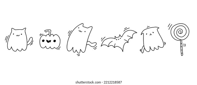 Fantasma de gato de Halloween en un lindo estilo de sketch de kawaii. Pequeño fantasma, murciélago, calabaza, caramelo. Graciosamente sonrientes sartas de fantasmas, espíritu y dulces sobre fondo blanco. engañar o tratar la imagen de dibujos animados de stock.