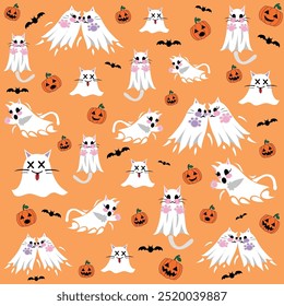 Halloween cat ghost illustration. Pattern of cute cat ghosts with pumpkins and bats on an orange background. Vector illustration - set of different mini cat patterns. 