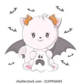 Halloween cat with a ghost. Vector illustration of Halloween animal. Cute little illustration Halloween cat for kids, fairy tales, covers, baby shower, textile t-shirt, baby book.