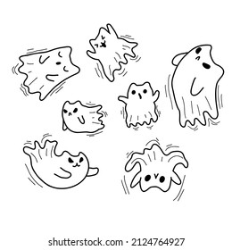 Gatos fantasmas de Halloween. Doodle lindo kawaii espeluznante fantasma de gatitos. Ilustración de dibujos animados planos vectoriales de material.