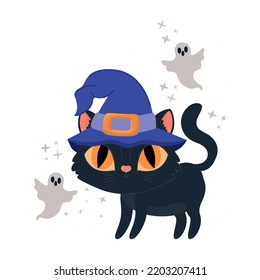 gato de halloween con fantasmas y sombrero de bruja