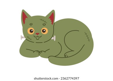 Halloween cat. Green kitten in frankenstein costume. Happy halloween costume illustration.