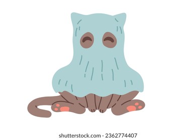 Halloween cat. Grey kitten in ghost costume. Happy halloween costume illustration.