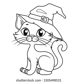 Halloween cat in halloween hat. Black and white vector illustration for coloring book